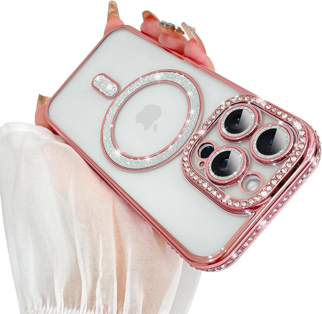 SAKUULO Magnetic Case for iPhone 16 Pro 6.3inch Clear Plating,Pink | Compatible with MagSafe,Glitter Sparkly Diamonds Rhinestone with Camera Protector Slim Shockproof Protective Women Girls
