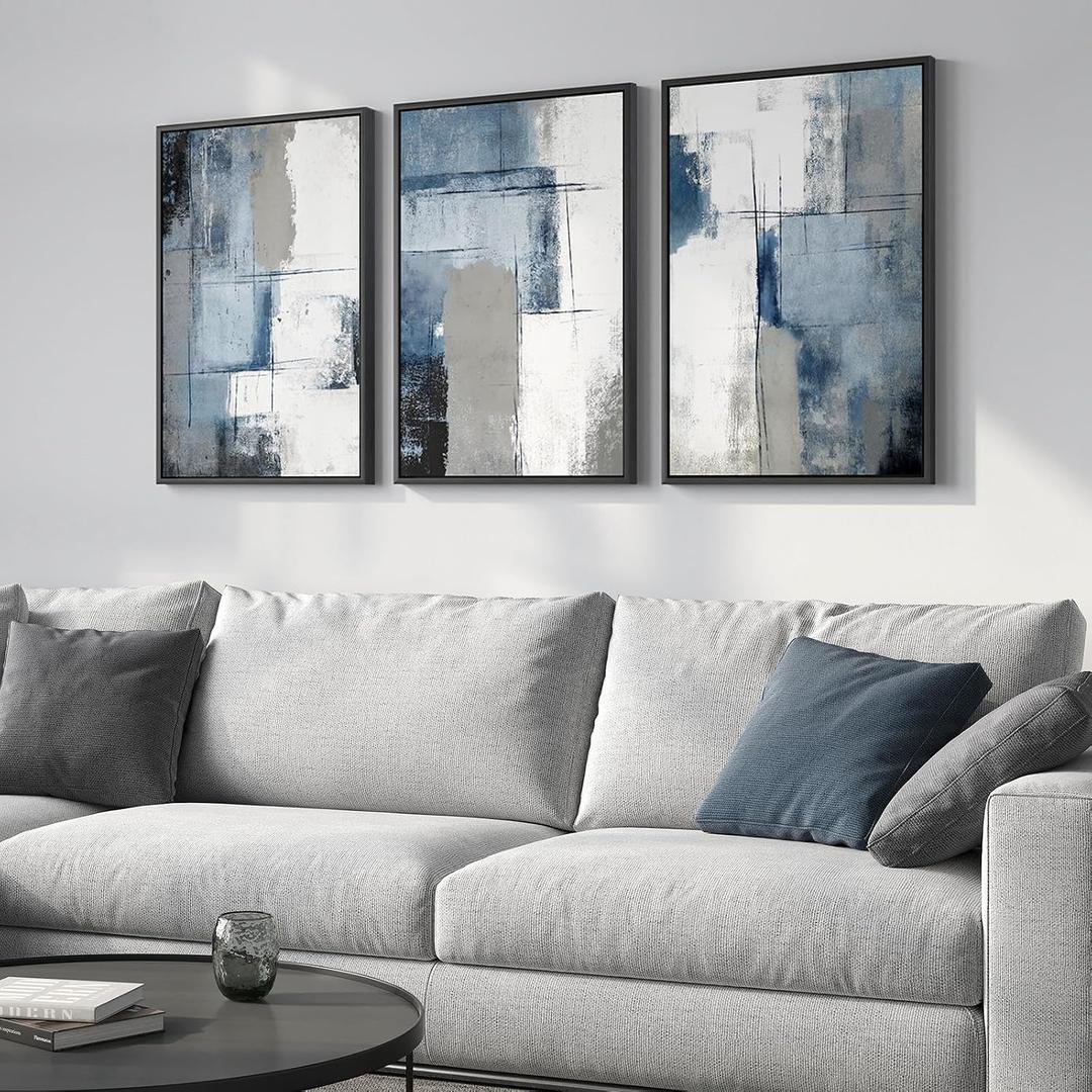 Framed Blue and Grey Abstract Wall Art, 3 Piece Modern Canvas Prints Paintings Artwork for Walls, Minimalist Abstract Block Pictures for Living Room Dining Room Lounge Bedroom Wall Decor 16x24 In