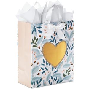 Hallmark 13" Large Gift Bag with Tissue Paper (Green Foliage, Gold Heart) for Weddings, Engagements, Anniversaries, Bridal Showers, and More