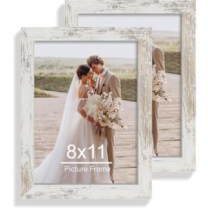 8x11 Picture Frame Set of 2, Made of Real Glass and Distressed White Wooden Frame - 8 by 11 Photo for Wall or Tabletop Display