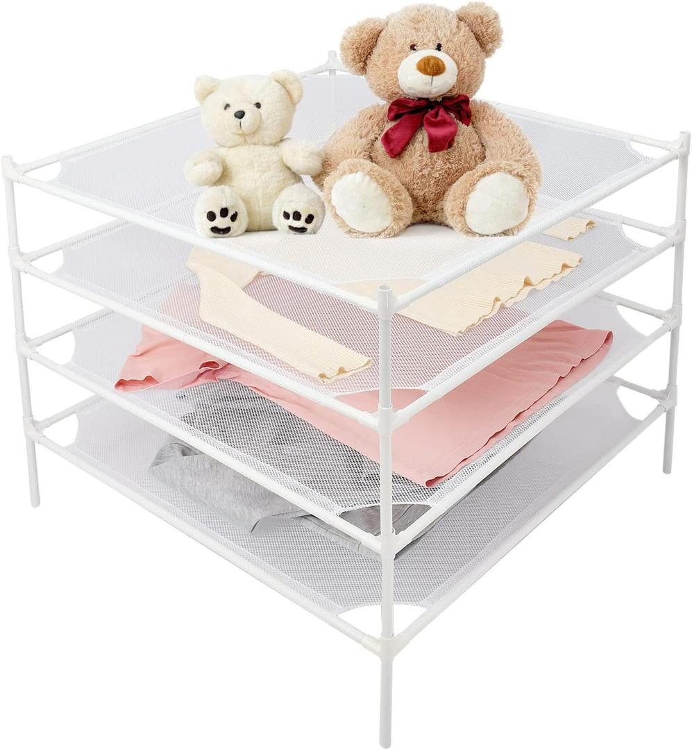 Shrivee Sweater Drying Rack Flat, Metal Tube Mesh Clothes Drying Rack for Laundry with Rubber Feet, Stackable Laundry Clothing Dryer Rack for Art, Clothes, Indoor & Outdoor, White, 4Layer