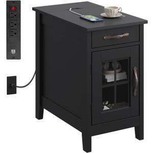 WLIVE End Table with Charging Station, Narrow Side Table for Living Room, Farmhouse Night Stand with Storage, Small Wooden Cabinet Nightstand with USB Ports and Outlets, 23.7" D x 13.78" W x 23.7" H (Black)