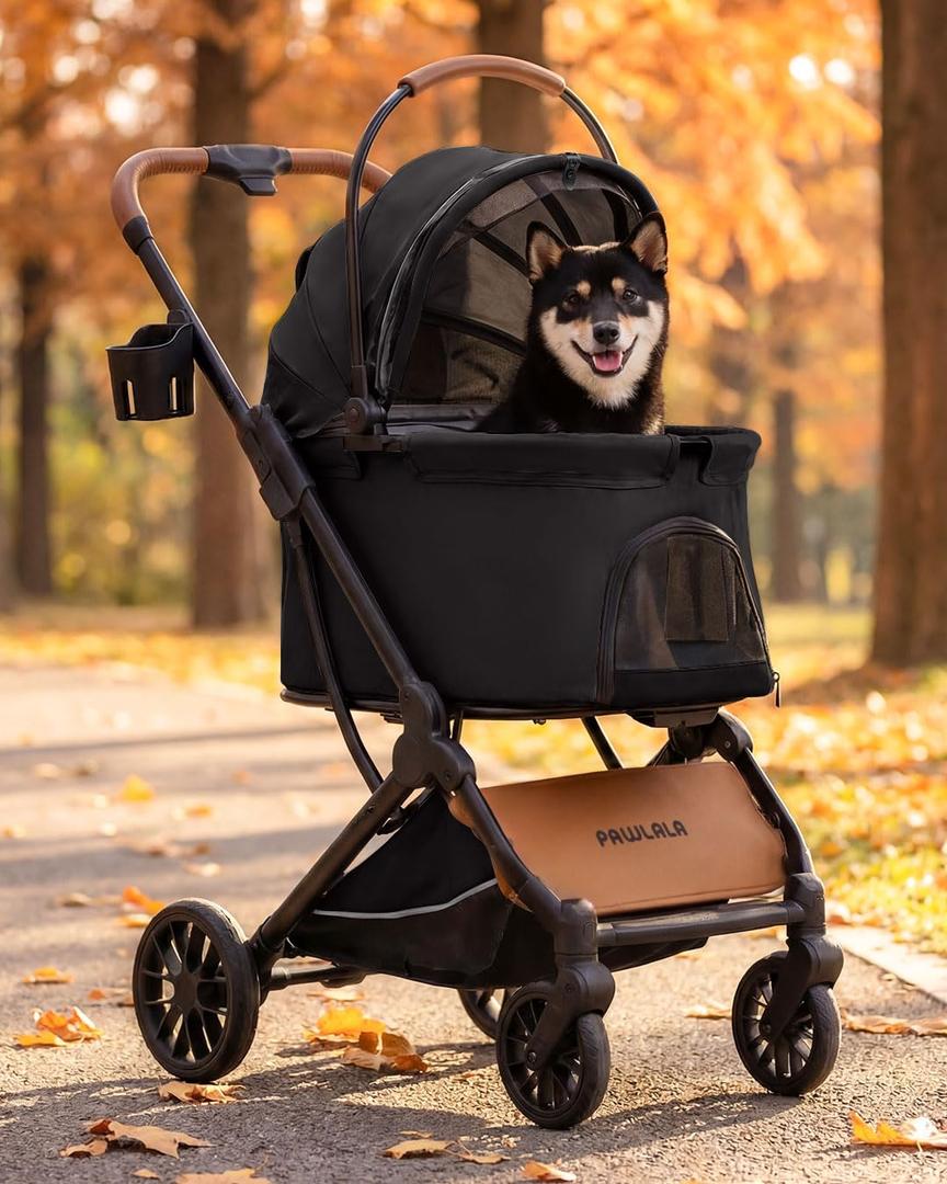 Pet Stroller with Detachable Carrier for Small & Medium Dogs & Cats, Smooth Comfort Ride with Shock-Absorbing Suspension, Foldable Dog Stroller, Compact Storage (Midnight Black)