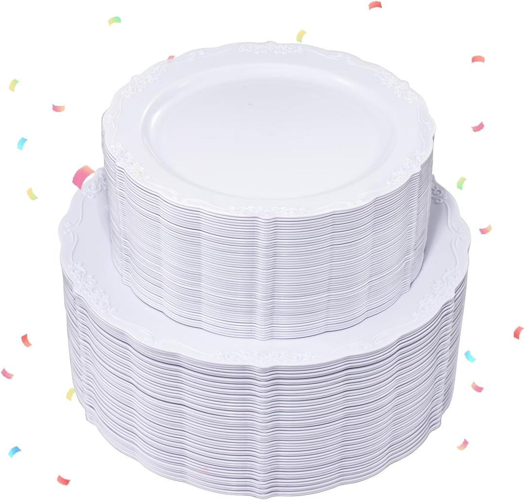 U-QE 100 Pieces White Disposable Plates - Premium Hard Plastic Plates for Wedding and Party Use Including 50 Dinner 10.25 '' & 50 Dessert 7.5 '' Plates