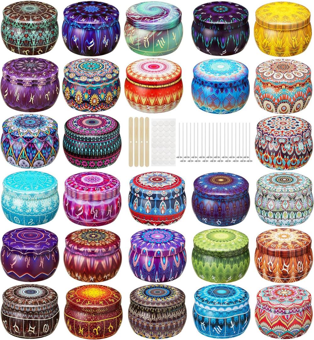 Arxinor Empty 3 oz Candle Tins Candle Jars 28 Pcs 28 Patterns, Candle Making Kits, with Wicks, Wick Holders & Stickers