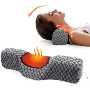 Neck Roll Pillows for Pain Relief Sleeping, Heated Memory Foam Cervical Neck Support Pillow for Bed with USB Graphene Heating for Stiff Neck Pain Relief (Grey)