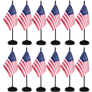 12 Pack USA Desk Flags Set, American US Small Mini Table Office Flags with 12" Solid Black Pole, 8.2 x 5.5 Inches, Home and Office Decoration, Festival Celebrations