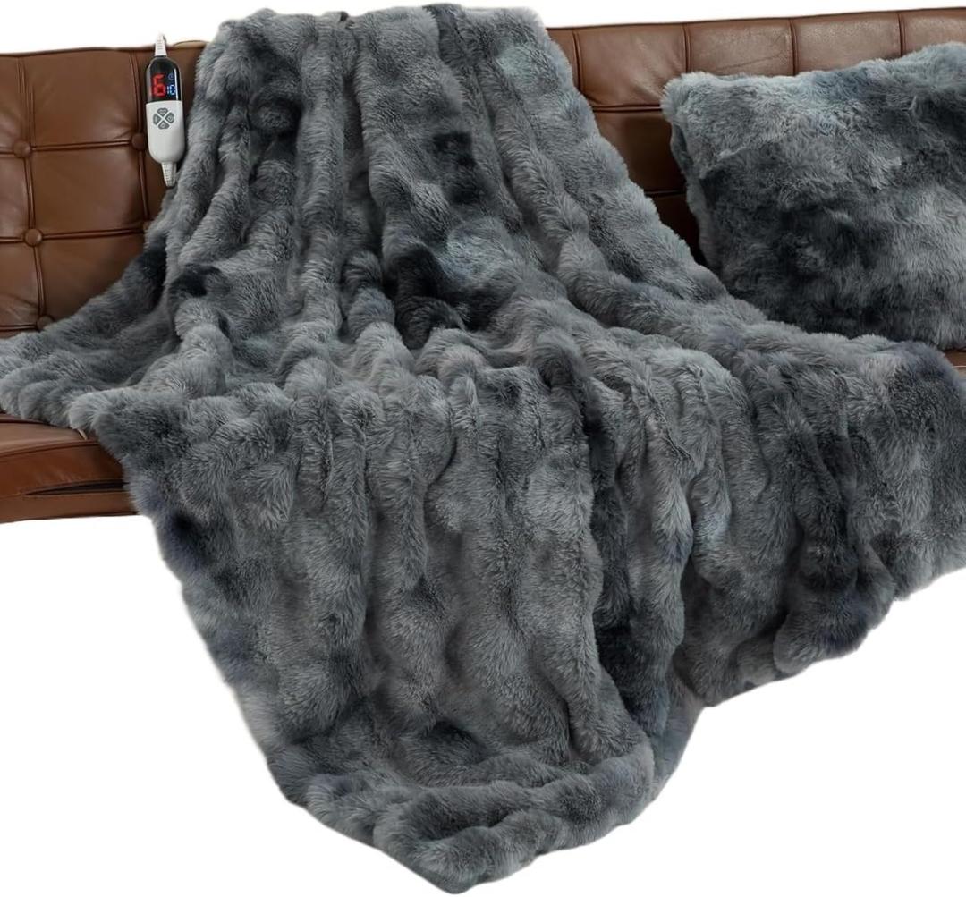 Double Electric Blanket, Made of Fluffy and Soft Artificial Fur, for Home and Office Bed (62 "X84)(2-Blue Tie Dye)