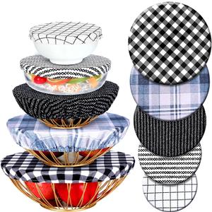 Patelai 10 Pcs Bowl Covers Reusable in 5 Size Stretch Cloth Fabric Elastic Food Storage Bowl Covers Bread Sourdough Lids for Proofing Food Fruits Leftover(Black, White, Blue,Plaid Style)