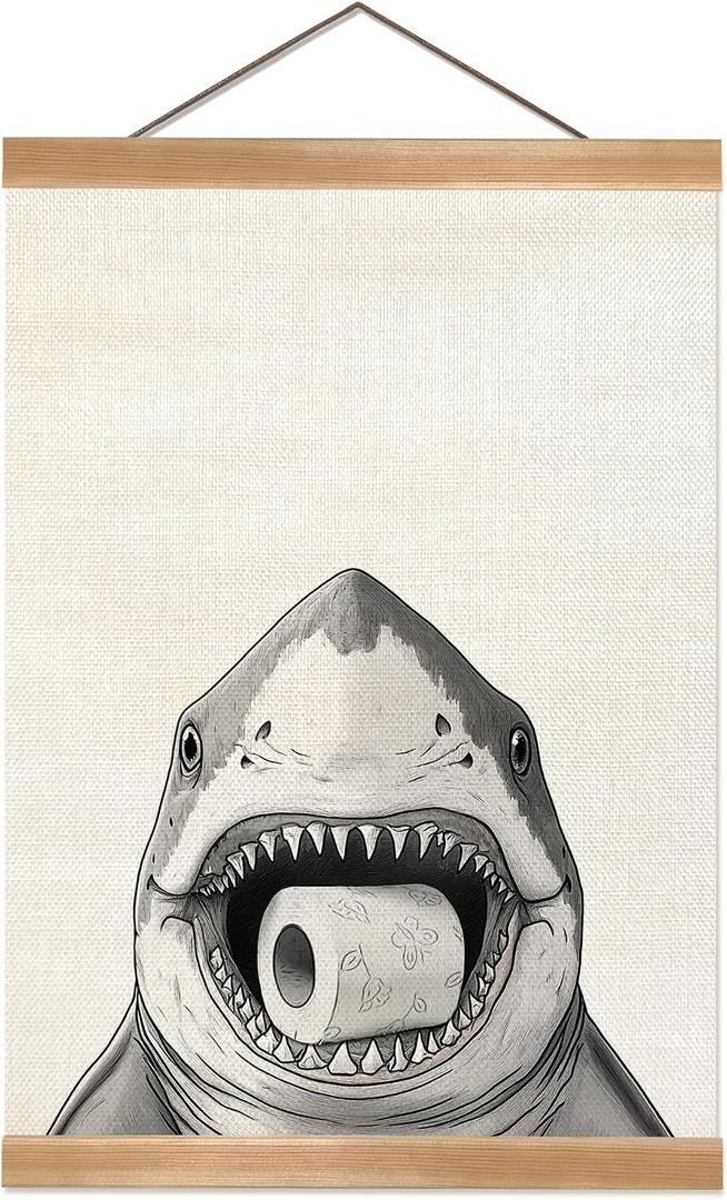 2 x ZTGDA Funny Shark Bathroom Wall Art, 12x16 Inch Linen Hanging Poster, Toilet Paper Humor Decor for Restroom, Quirky Shark Canvas Sign for Guest Bath, Handmade Gag Gift for Bathroom Decor (Shark-02)