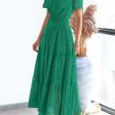 PRETTYGARDEN Womens 2026 Summer Maxi Dress Short Sleeve V Neck Hollow Out Eyelet A Line Long Flowy Beach Vacation Dresses (Green, L)