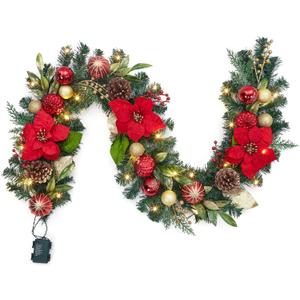 Lighted Christmas Garland, 6 Ft Battery Operated Christmas Garland with 20 LED Lights Red Gold Balls Poinsettias, Cordless Xmas Garland for Fireplace Mantle Stairecase Indoor Outdoor Decorations