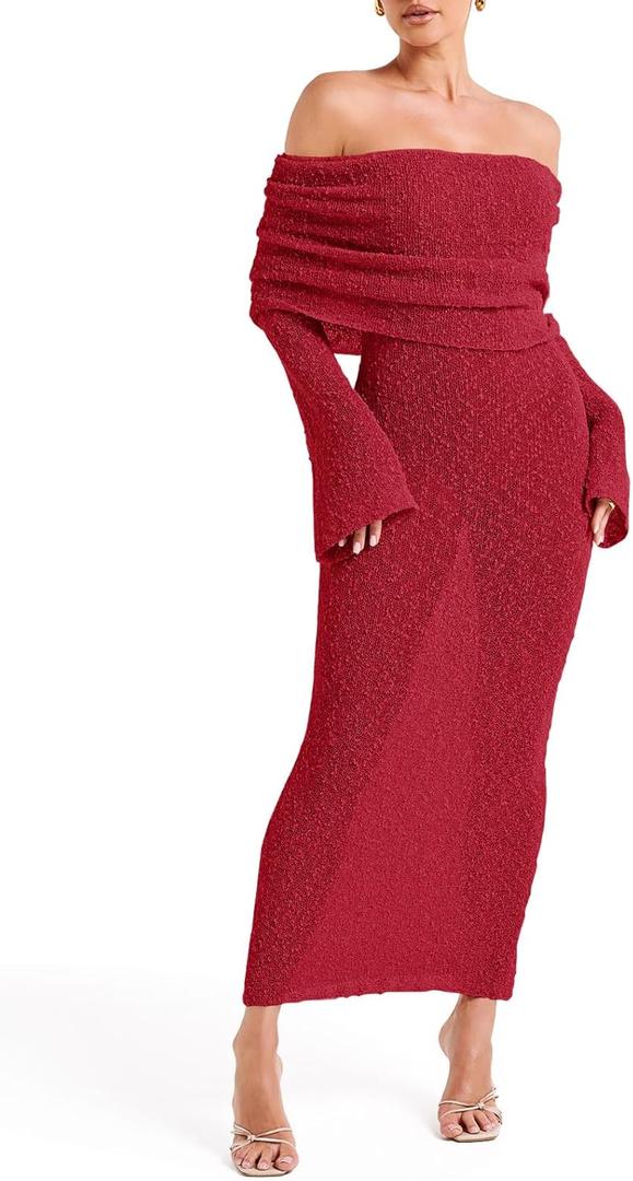 Saodimallsu Womens Off Shoulder Summer Maxi Dress Bell Long Sleeve Sexy Bodycon Strapless Sheer Beach Swimsuit Coverup (Medium, Red)