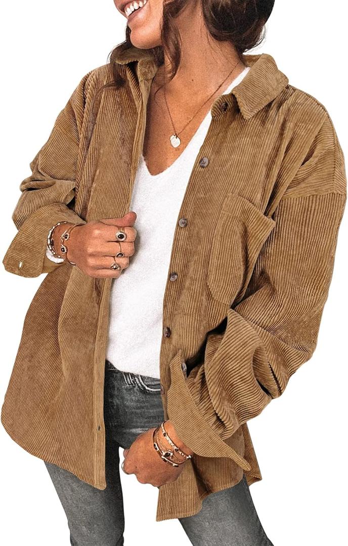 Saslax Womens Corduroy Shirt Long Sleeve Oversized Button Up V Neck Blouses Tops Loose Shacket Jacket (Large)