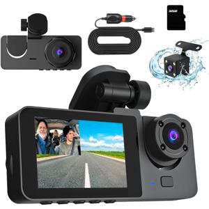 3 Channel Dash Cam Front and Rear - 1080P Dash Cam Front and Inside with Night Vision, Motion Detection, Parking Monitor - Includes 32GB MMC Card for G-Sensor Protection and Loop Recording