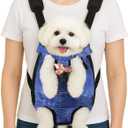 Dog Backpack Carrier, Front Pocket for Essentials, Legs Out Carrying Sling Travel Bag for Small Medium Dogs 4-7 Lbs, Soft Wearable Puppy Chest Carry Backpacks for Walking/Hiking/Camping/Traveling (Denim Print Fabric)