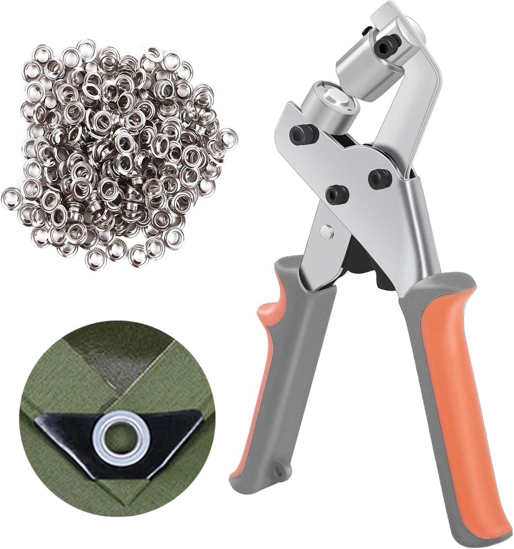 KING PIECES Grommet Tool Kit Handheld Hole Punch Pliers Portable Grommet Hand Press Manual Puncher w/ 500pcs Silver Grommets of 1/4 Inch (6mm)