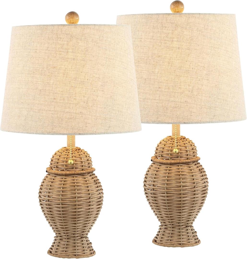 JONATHAN Y 20.5" Natural Wicker Table Lamp Set of 2, Bohemian Rustic Farmhouse Bedside Lamps for Living Room, Nightstand Desk Lamps with Beige Linen Shade, LED Bulbs Included JYL4041A-SET2