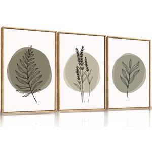 HOURIA Sage Green Leaves Framed Canvas Wall Art Set,Minimalism Boho Leaf Wall Decor, Modern Nature Botanical Wall Painting,Mid Century Plant Art Prints for Living Room,Bedroom,Farmhouse-16 x24 x3