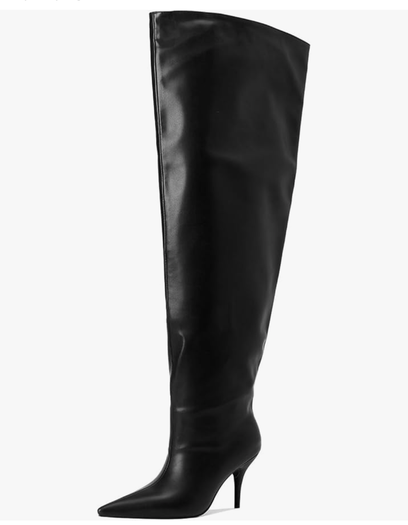 Women's Wide Calf Thigh High Heeled Boots Stiletto Cone Heel Boots Pointed Toe Pull On Black Boot Heels for Women, 10.5