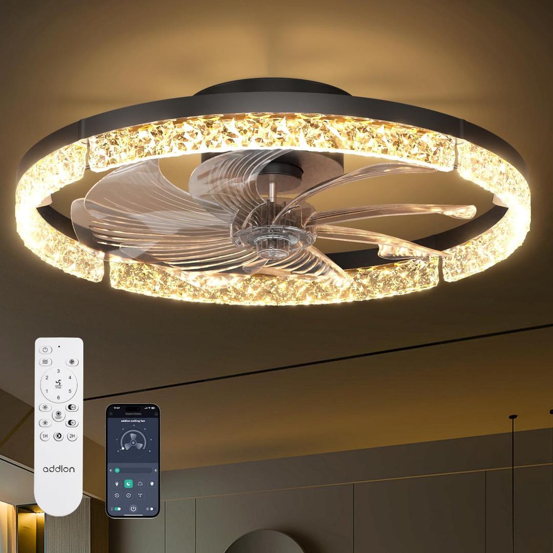 addlon Ceiling Fans with Lights and Remote, 20'' Low Profile Ceiling Fans, 3000-6000K Dimmable Modern Flush Mount LED Fan Light, Fandelier Ceiling Fan for Bedroom, Kitchen, Living Room, Black