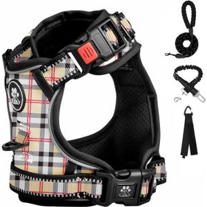 FURRYFECTION Plaid Dog Harness for Small Dogs | No Pull Reflective Pet Harness | No Choke Adjustable Dog Vest Harnesses | with Leash | Easy Control Handle | Front Lead | Seat Belt | Beige&White | S