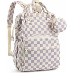 Corduroy Diaper Bag Backpack, Large Capacity Multifunction Baby Diaper Bags for Women, Insulated Bottle Pockets & Pacifier Case, Stylish Travel Nappy Changing Bags for Mom Dad (Checkered Purple)