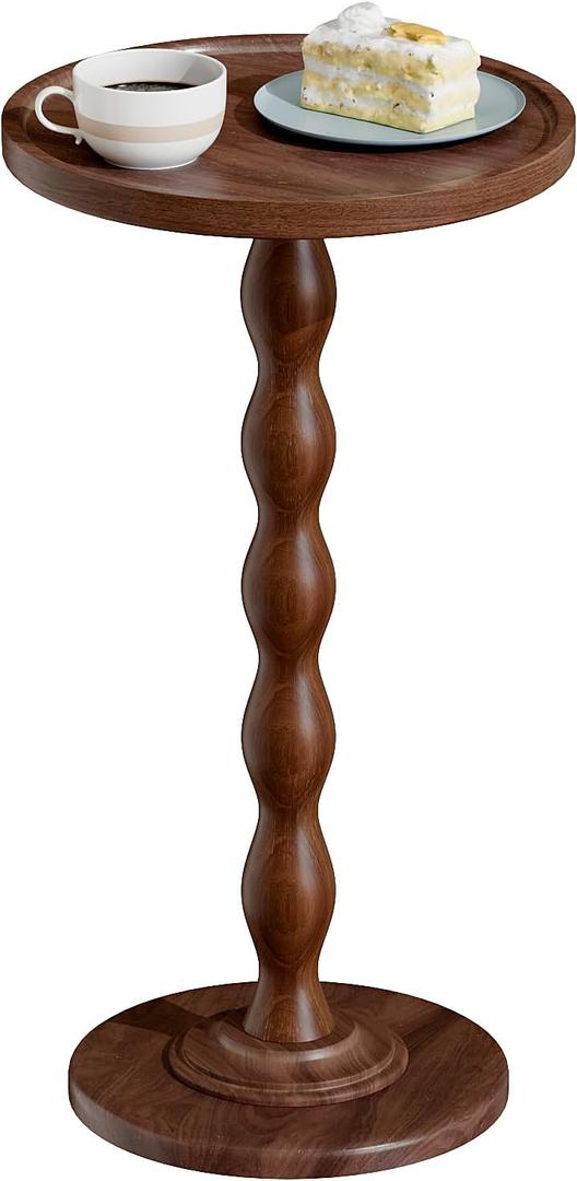 Small Round Side End Table - Solid Wood Accent Coffee Table for Living Room, Modern Bedside Drink Table Nightstand with Pedestal, Vintage Corner Couch Tables for Bedroom Small Spaces, Rustic Brown