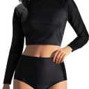 Pinup Fashion Long Sleeve Rash Guard - 2 Piece Swimsuit Bathing Suits with Bottom Swim Top UV UPF 50+ (X-Large, Black)