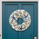 Natural Seashell Wreath w/Shells, Starfish, Pearls, Sea Snails - Spring & Summer Coastal Decor Beach House Indoor Door Wreath, 18in Dark Blue