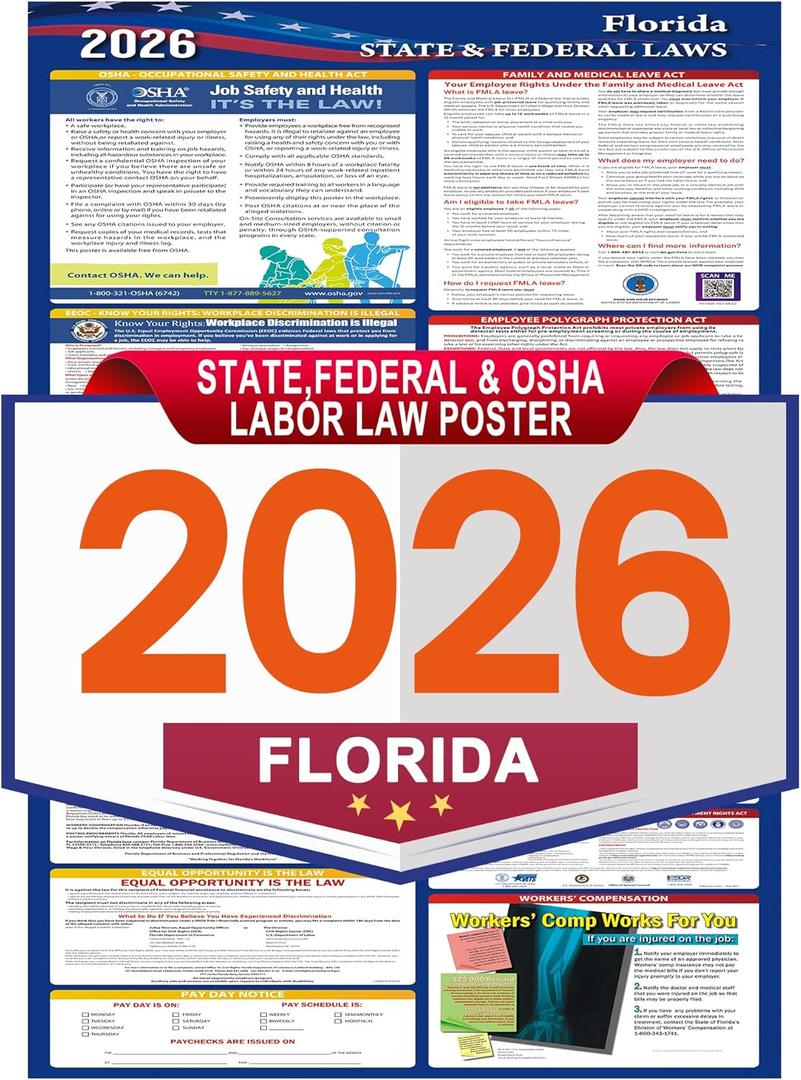 2 x 2026 Florida State and Federal Labor Laws Poster,OSHA Workplace Compliant,English Employment Poster,All in One Required Compliance Posting 17" x 40"