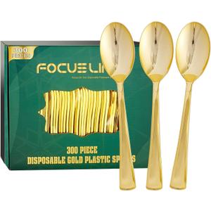 FOCUSLINE 300 Pack 6.8" Disposable Gold Plastic Spoons, Solid and Durable Plastic Cutlery Spoons, Heavy Duty Disposable Utensil Silverware for Catering, Parties, Dinners, Weddings