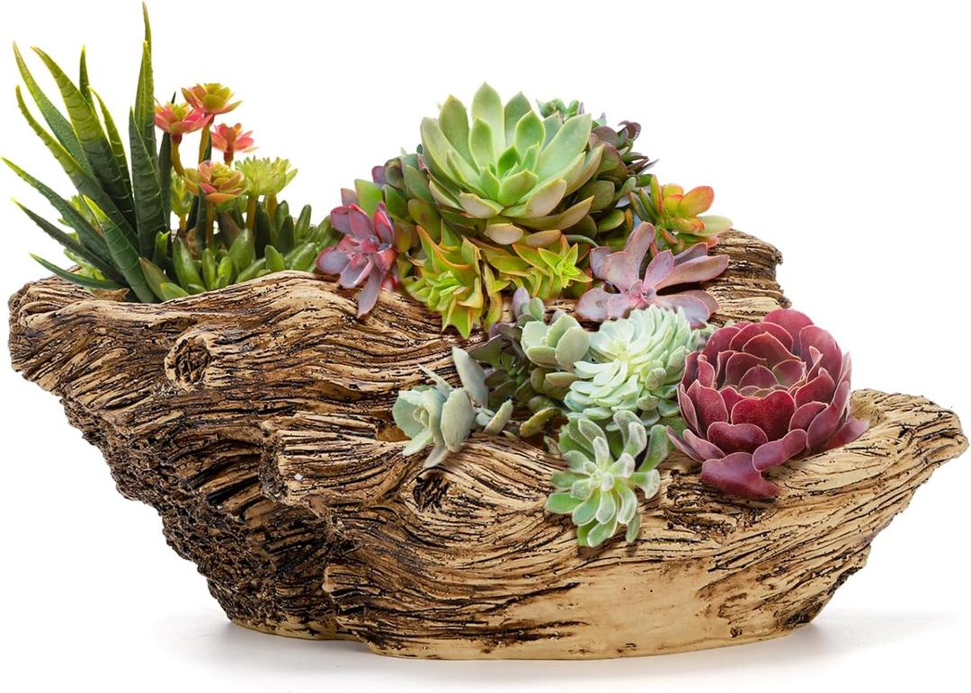 Noamus Artificial Driftwood Planter, Sculpture Resin Succulent Flower Pot, Imitation Wood Pile Porous Bonsai Tree Plant Pot, Decorative Rustic Stump Cactus Container for Garden Indoor