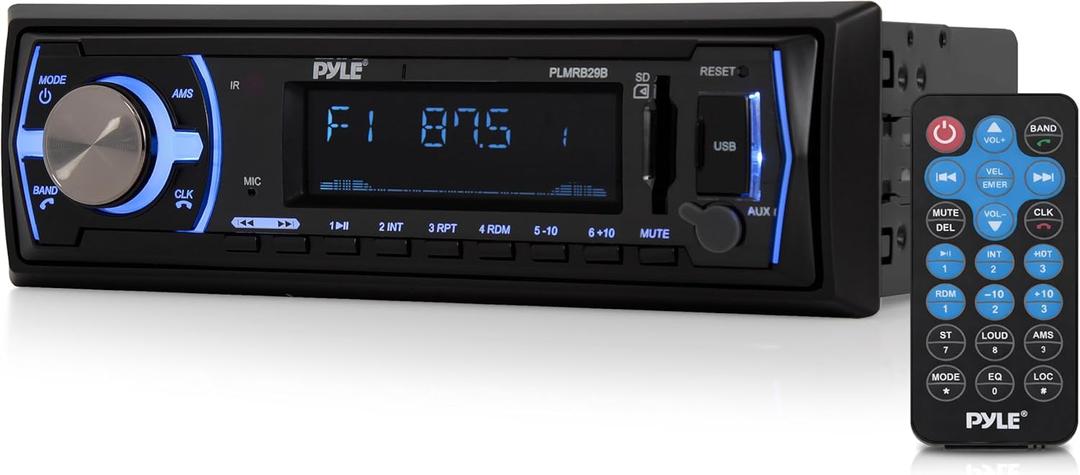 Pyle Marine Bluetooth Stereo Radio - 12v Single DIN Style Boat In dash Radio Receiver System with Built-in Mic, Digital LCD, RCA, MP3, USB, SD, AM FM Radio - Remote Control - PLMRB29B (Black)