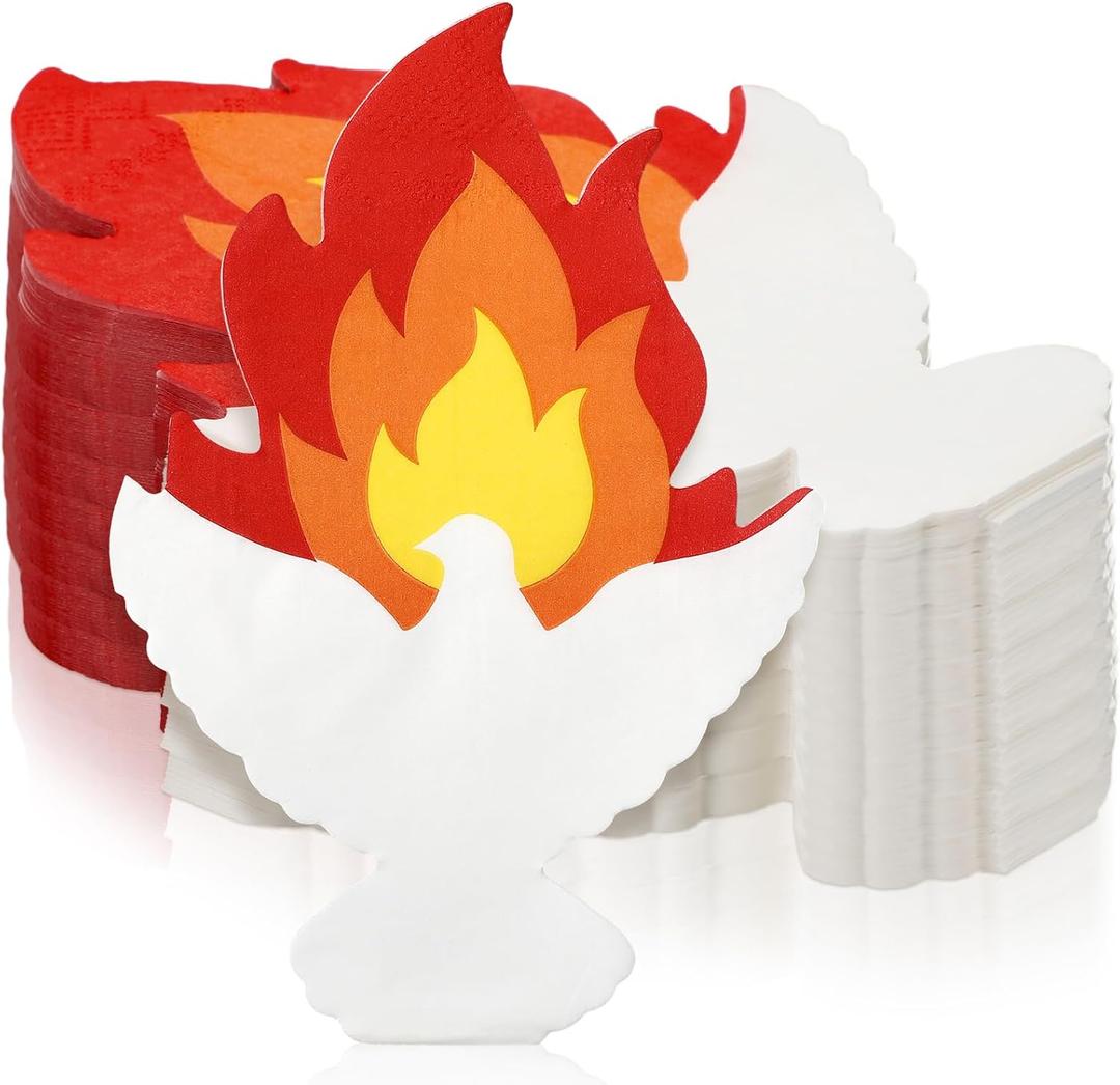 Gueevin 100 Pcs Pentecost Flame Napkins 6.3 Inch Fire Napkins Party Supplies Flame Napkin Disposable Paper Fire and Dove Napkin Paper for Pentecost Holy Spirit Christian Holiday Birthday Party Supply