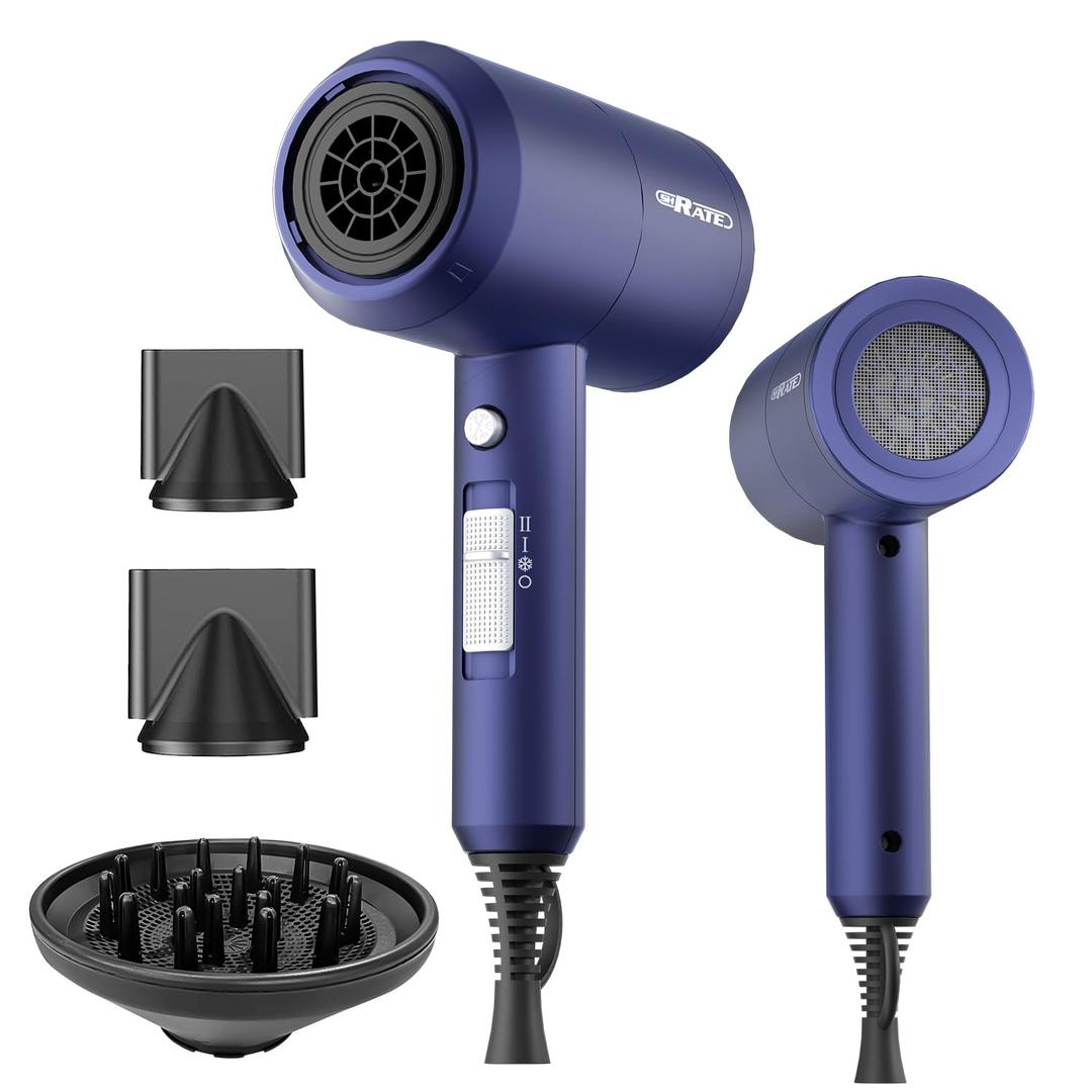 SHRATE Lightweight Ionic Hair Dryer with Diffuser - Powerful 1800W Blow Dryer for Fast Drying - Professional Low Noise Mini Hair Dryer for Travel, Gifts, Hair Styling (Blue Purple)