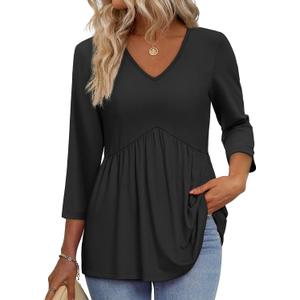 3/4 Length Sleeve Women's Tops 2025 Blouses for Women Dressy Casual Fashion Clothing V Neck Babydoll Tops Fall Outfits, 2XL