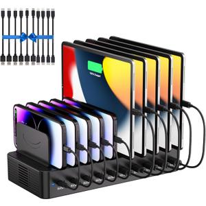 100W Charging Station for Multiple Devices, 10-Port USB Fast Charging Station with Adjustable Dividers & 10 Cables- Multi Device Organizer Charging Dock for iPhone, iPad, Tablets & More (Black)