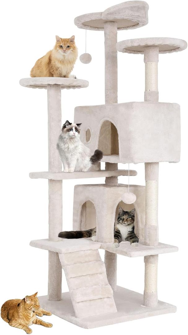 BestPet | 54" Cat Tree Tower | Beige | Sturdy, Easy to Assemble, Multi-Level Activity Center with Sisal Scratching Posts, Condos, Perches, Hanging Cat Toys, Observation Decks & Ladder