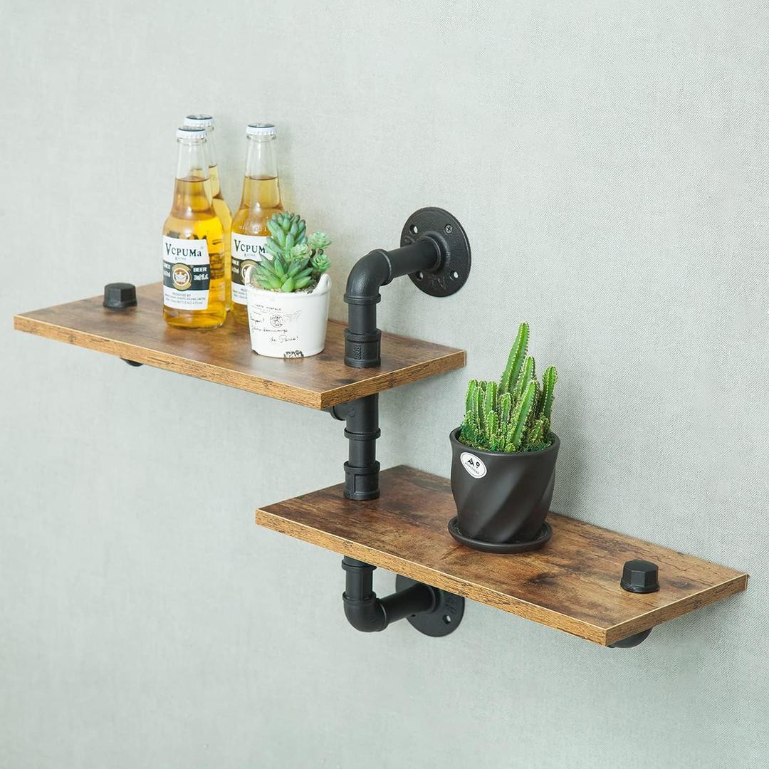MAIKAILUN 2 Tier Industrial Shelves, Industrial Pipe Shelving, Pipe Corner Shelves with Wood Planks, Floating Shelves Wall Mounted, Retro Rustic Industrial Shelf for Bar Kitchen Living Room