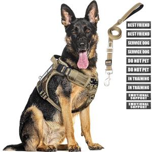Tactical Dog Harness and Leash Set for Large Dogs,Heavy Duty No Pull Service Dog Vest and 10 Patches with Dog Seat Belt,Reflective Adjustable Pet Harness for Training Walking Hiking Camo XL