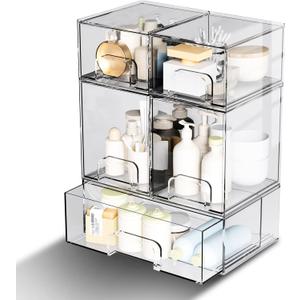 5 Pack Stackable Storage Drawers, Clear Plastic Organizer Bins with Pull-out Handle for Makeup, Ideal for Vanity, Bathroom, Undersink, Cabinet, Pantry Organization