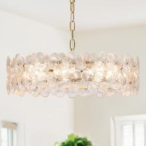 Poemoon Modern Clear Flower Glass Chandelier 20" Elegant 6 Lights Gold Chandelier Light Fixture Luxury for Living Dining Room Kitchen Entryway Bedroom Foyer, E12
