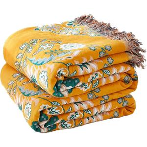 Boho Throw Blanket, 100% Cotton Soft Sofa Bed Throw-Floral Farmhouse Decor Blanket, Reversible Bohemian Throw for Chair Couch Quilt and Gift, 80" x 90"-Yellow (Flower-art)