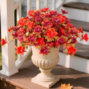 Fall Flowers Artificial for Decoration, Fake Silk Rhododendron Flowers for Outdoors, 2 Bundles Faux Azalea Outside UV Resistant No Fade Floral for Home Garden Balcony Walkway Wedding Party Decor (Orange Red)