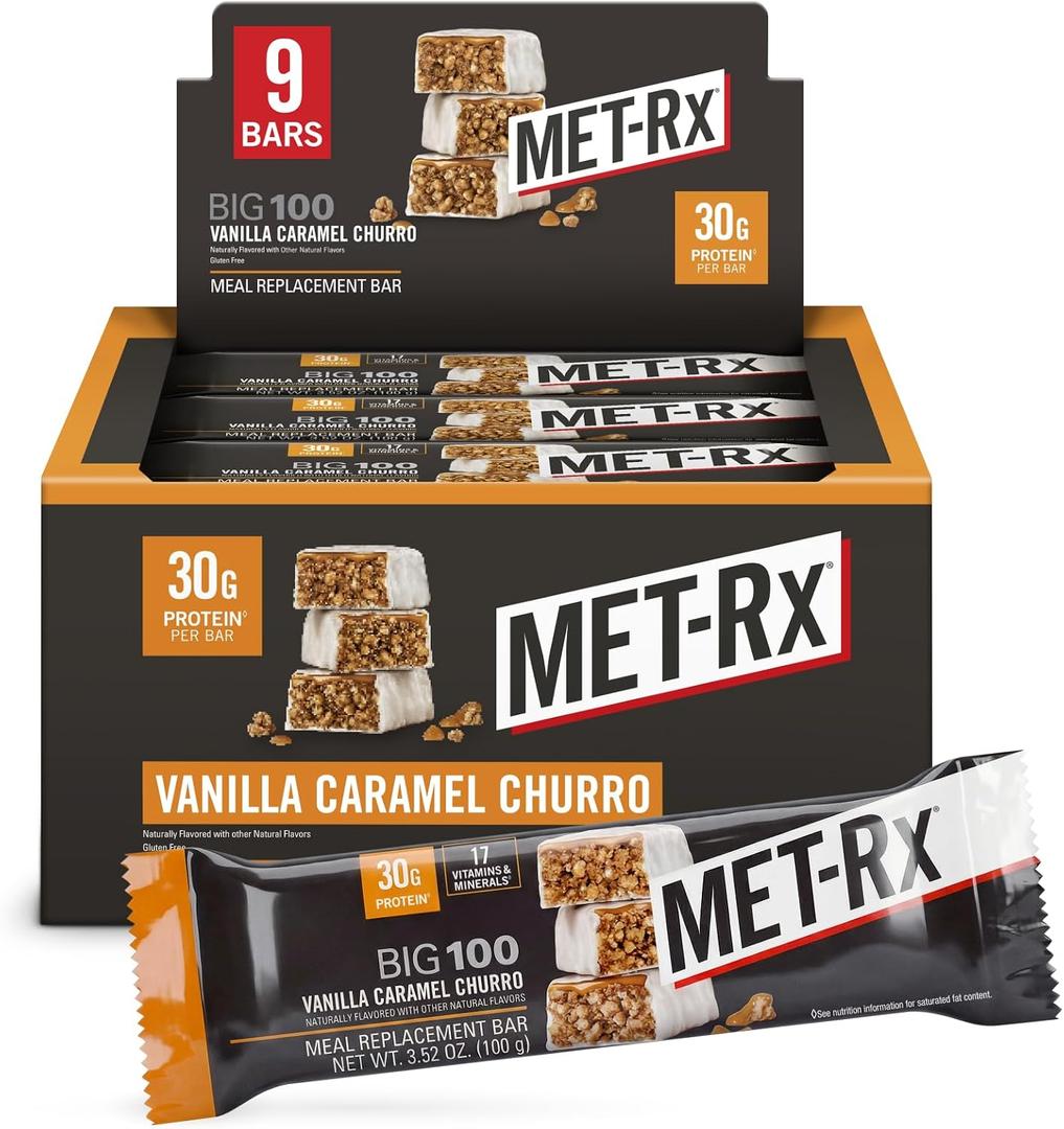 MET-Rx Big 100 Colossal Protein Bars, Vanilla Caramel Churro Meal Replacement Bars, Brown, 9 Count (EXP 01/17/27)