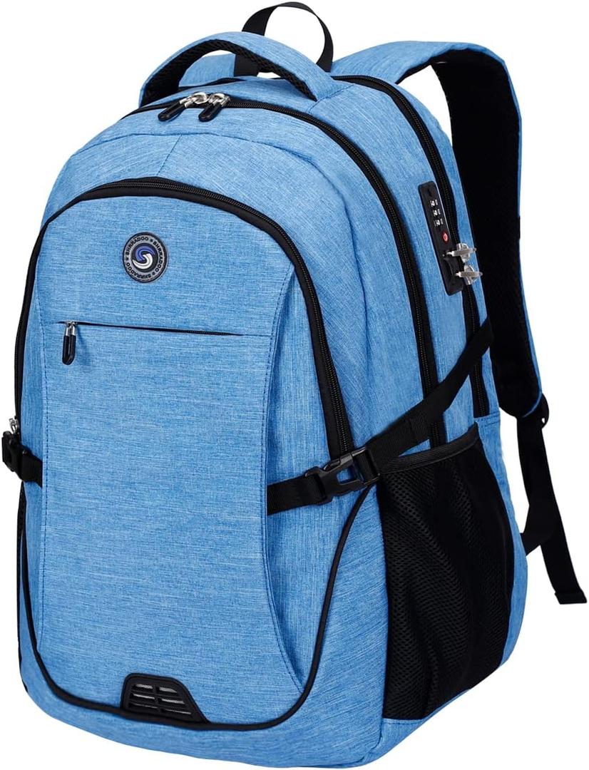 SHRRADOO Anti Theft Laptop Backpack Travel Backpacks with Combination Lock for Women Men High School College Backpack Computer Bag Fits 17 Inch Laptop,Sky Blue