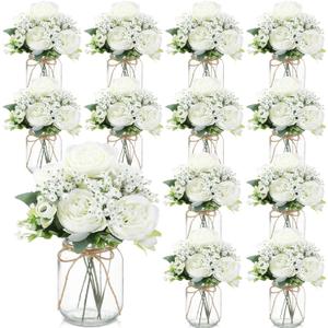 Zeyune 12 Sets Mason Jar Centerpiece Table Decorations, Artificial Peony Baby's Breath Flower Bouquets, Faux Flowers with Vase, Rustic Decor Gifts for Home, Wedding, Holiday (White)
