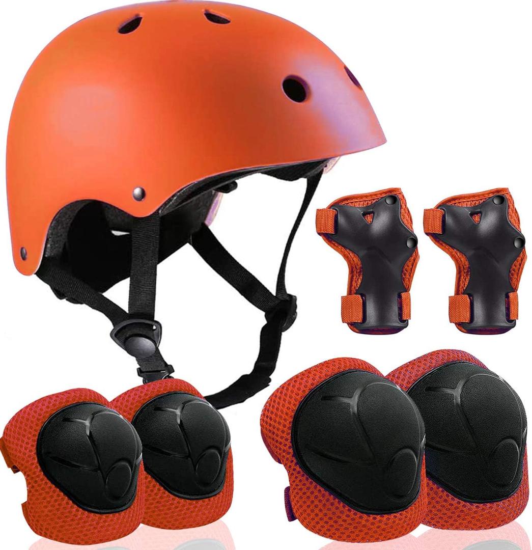 Adjustable Helmet for Ages 5-16 Kids Toddler Boys Girls Youth,Protective Gear with Elbow Knee Wrist Pads for Multi-Sports Skateboarding Bike Riding Scooter Inline skatings Longboard Roller Skate (Small: 48-54 cm, orange set)