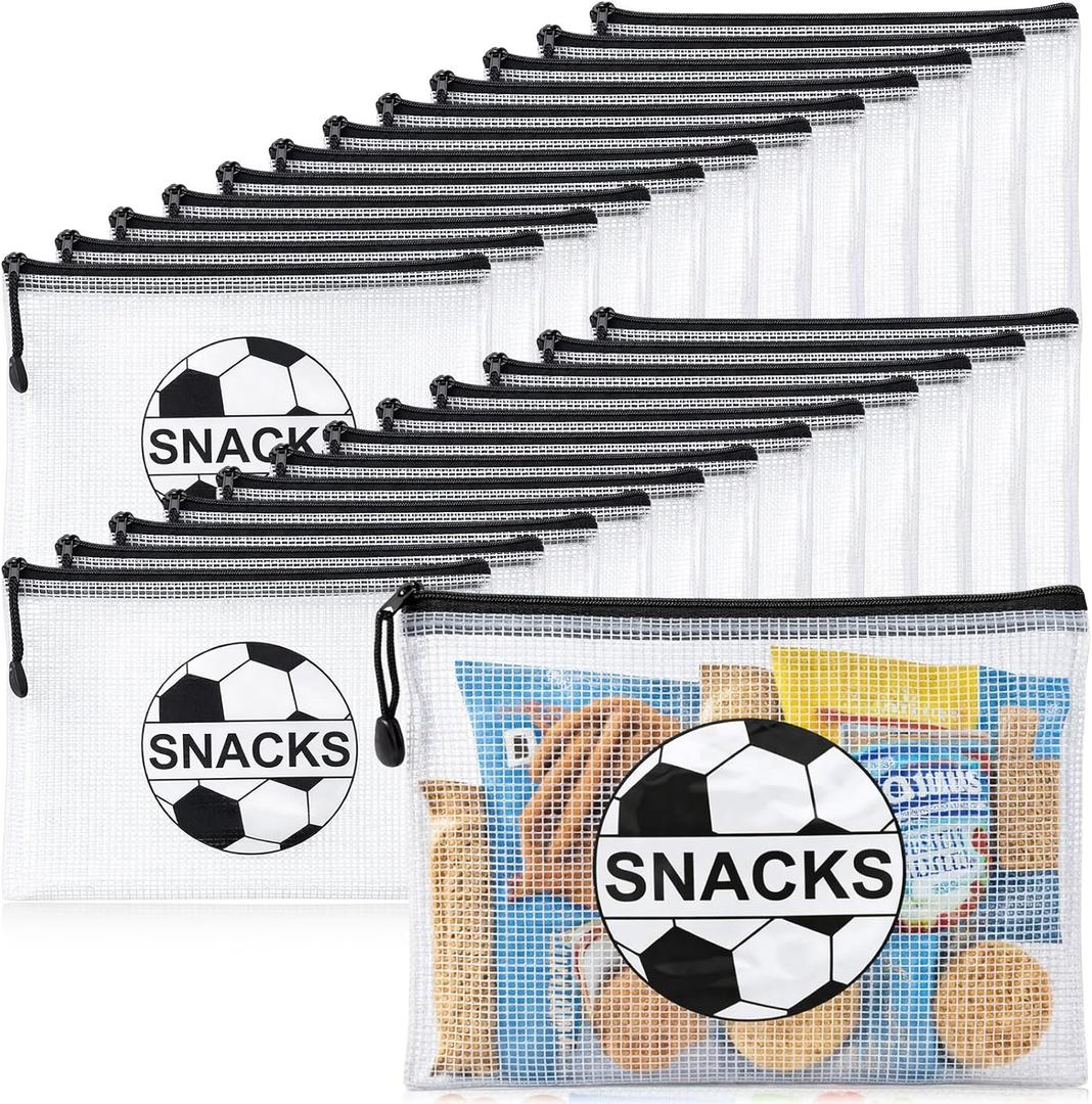 Motiskyy 24 Pcs Sports Ball Snack Bags Bulk 9.5" x 6.9" Sports Goodie Party Favor Bags Stuffers Team Gifts Candy Treat Mesh Pouches with Zipper for Team Ground Birthday Gift Party Supplies(Soccer)